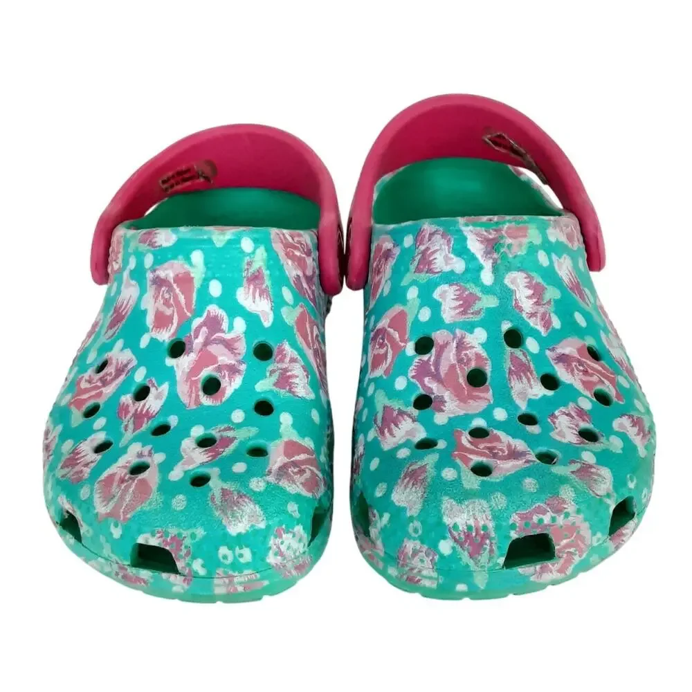 Crocs Clogs Girls 6 Rose Floral Polka Dot Blue Water Shoe Slip On Outdoor Hiking